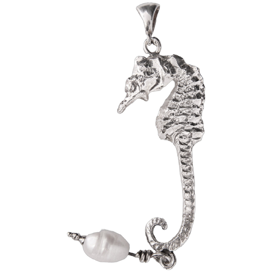 Large Seahorse with Pearl Charm Sterling Silver