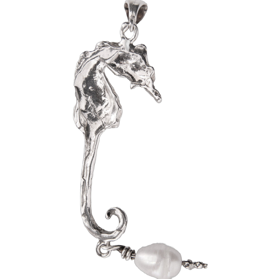 Large Seahorse with Pearl Charm Sterling Silver