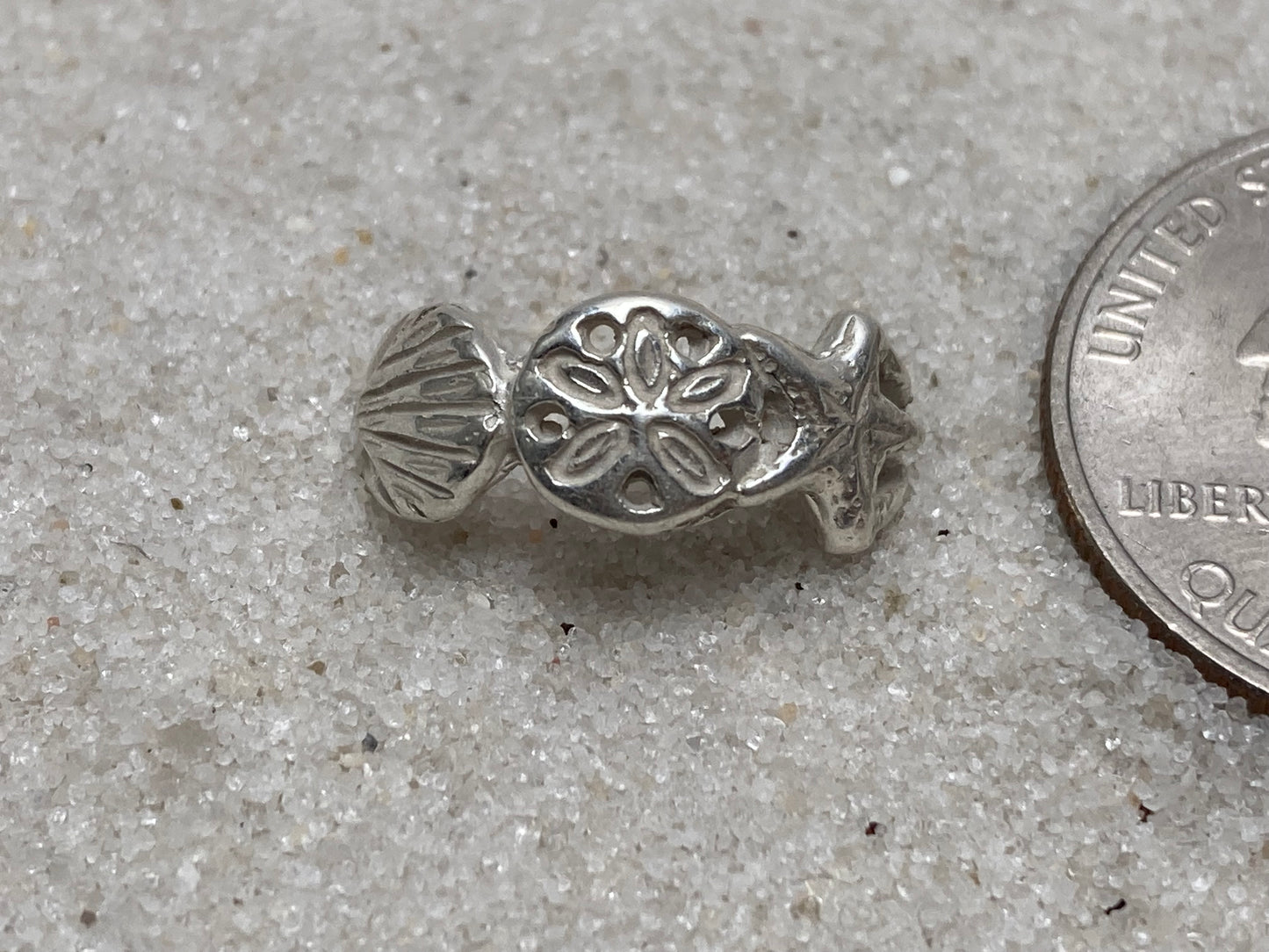 Sea Shell Sand Dollar and Starfish Silver Ring